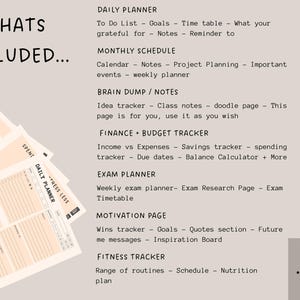 Pode incluir: Um planejador com fundo bege claro, apresentando uma lista de se&ccedil;&otilde;es inclu&iacute;das, como um planejador di&aacute;rio, um cronograma mensal e um rastreador financeiro. O texto "Whats Included" est&aacute; no topo. O planejador inclui op&ccedil;&otilde;es de p&aacute;gina US Letter e A4.