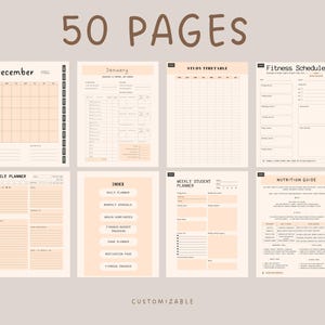 Pode incluir: Um conjunto de p&aacute;ginas de planejador imprim&iacute;veis em bege e branco. Incluem um calend&aacute;rio de dezembro, um planejador de janeiro, um hor&aacute;rio de estudo, um cronograma de fitness, um planejador di&aacute;rio, um &iacute;ndice, um planejador semanal para estudantes e um guia de nutri&ccedil;&atilde;o. O texto "50 PAGES" est&aacute; no topo.