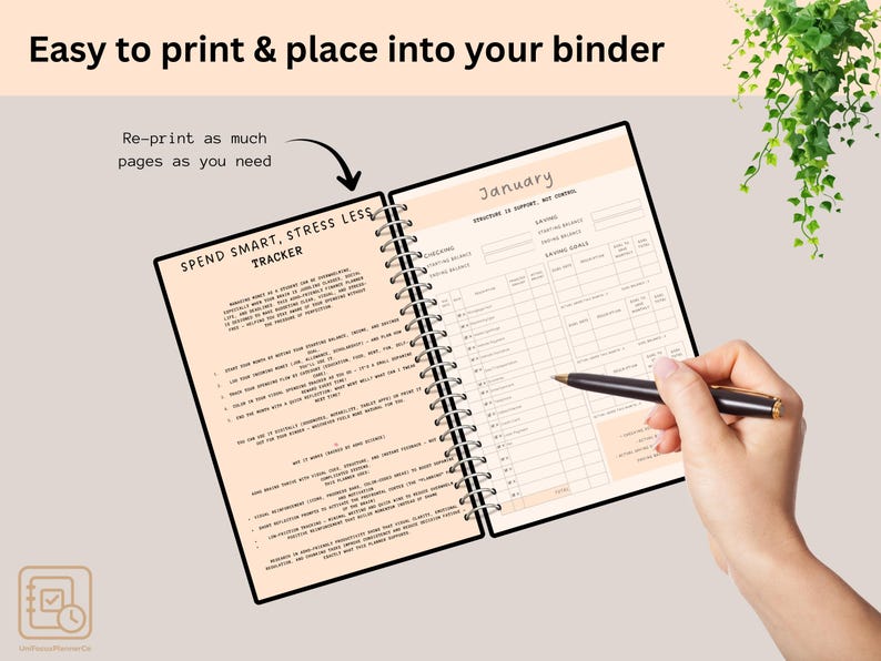 Pode incluir: Um planejador em espiral aberto em uma p&aacute;gina de janeiro, com o texto "SPEND SMART, STRESS LESS TRACKER". Uma caneta est&aacute; na p&aacute;gina direita. O texto "Easy to print & place into your binder" est&aacute; no topo. O planejador &eacute; imprim&iacute;vel.