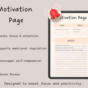 Pode incluir: Uma p&aacute;gina de motiva&ccedil;&atilde;o digital em um tablet, com um &iacute;cone de sino vermelho. A p&aacute;gina inclui se&ccedil;&otilde;es para vit&oacute;rias, metas e cita&ccedil;&otilde;es, projetadas para aumentar o foco e a positividade. O texto destaca benef&iacute;cios como foco, regula&ccedil;&atilde;o emocional.