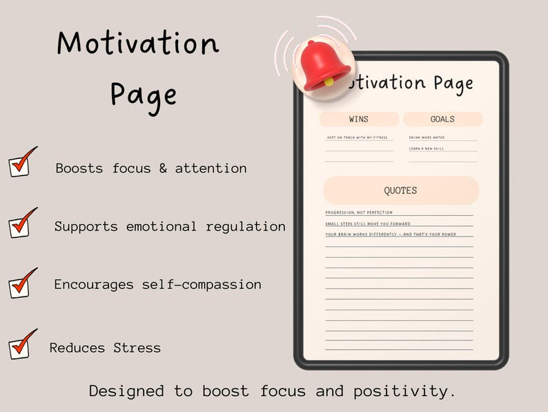 Pode incluir: Uma p&aacute;gina de motiva&ccedil;&atilde;o digital em um tablet, com um &iacute;cone de sino vermelho. A p&aacute;gina inclui se&ccedil;&otilde;es para vit&oacute;rias, metas e cita&ccedil;&otilde;es, projetadas para aumentar o foco e a positividade. O texto destaca benef&iacute;cios como foco, regula&ccedil;&atilde;o emocional.