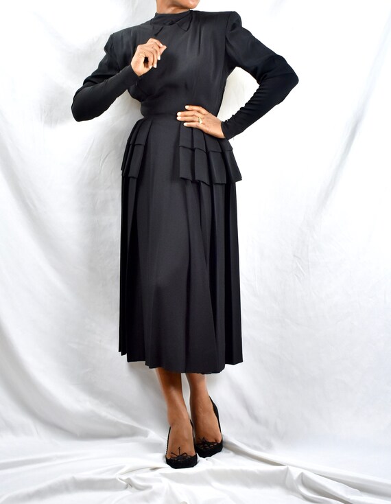 Vintage 1940s Nettie Rosenstein Black Peplum Dress