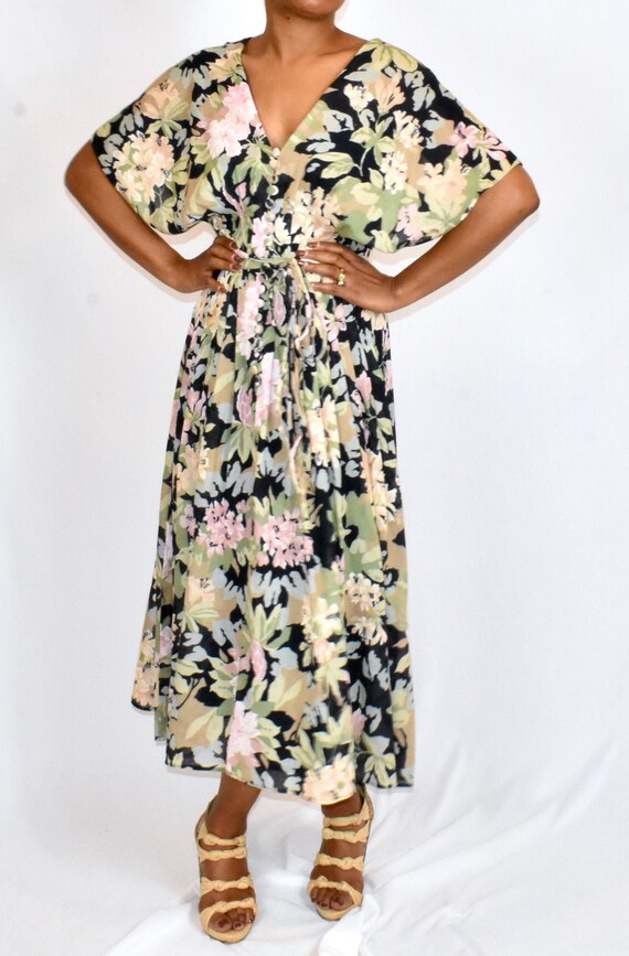 Vintage 1970s Does 1930s Linen Floral Print Midi D