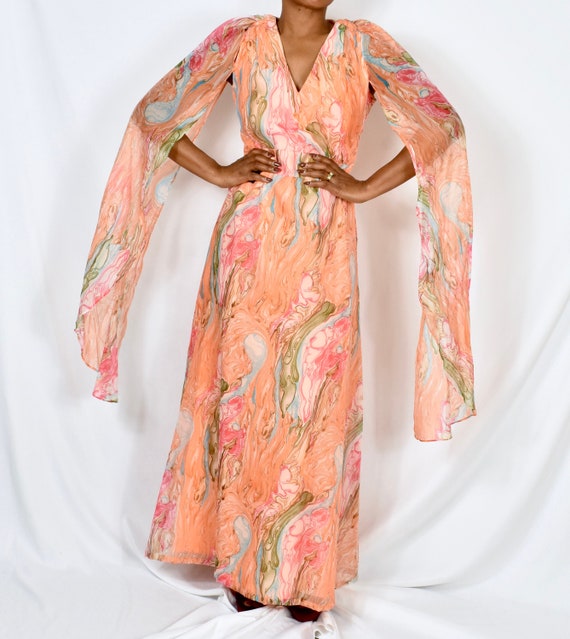 Vintage 1960s Marble Print Maxi Dress with Cape/Fl