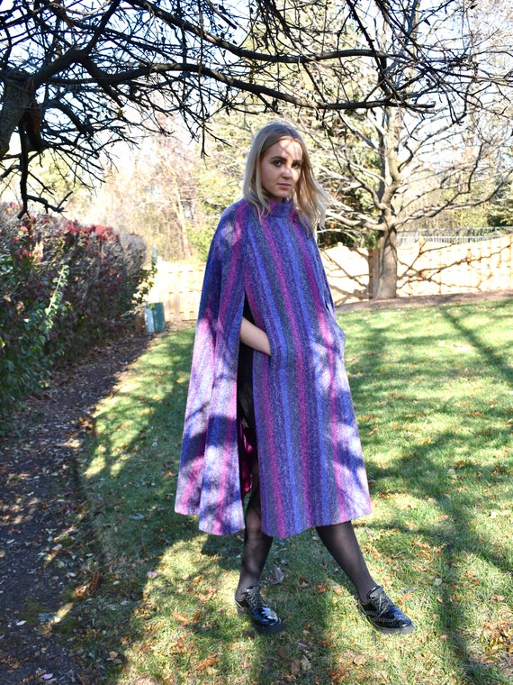 Vintage 1970s Purple/Magenta/Grey Stripe Wool Cape