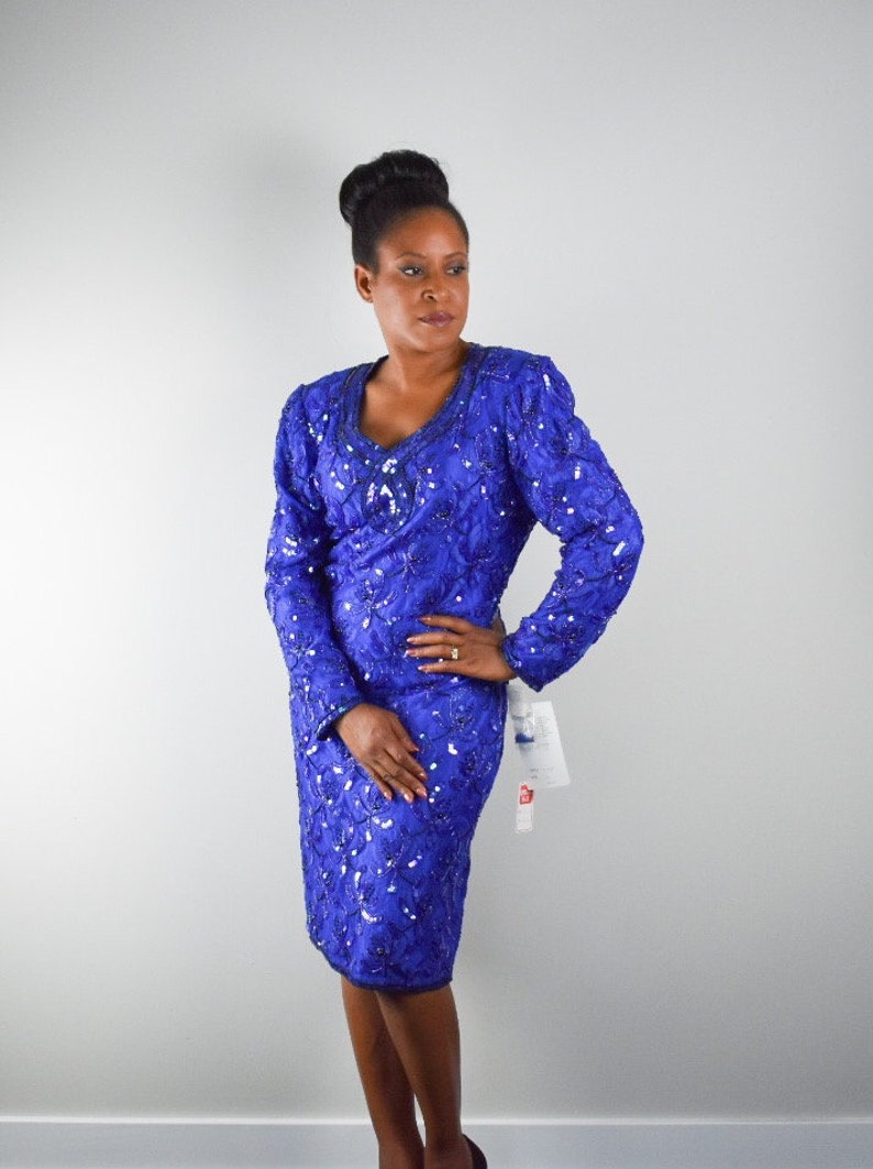 80s Blue Lace /& Sequin Cocktail Dress with Original Store Tag Unworn