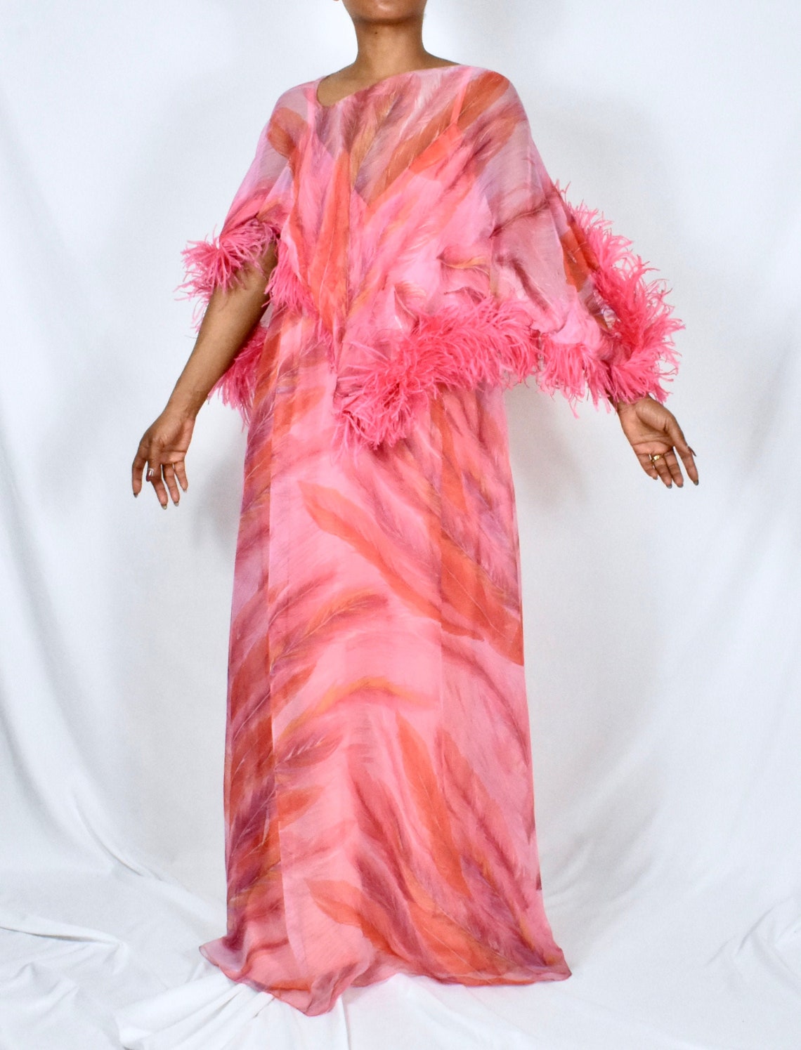 Vintage Pink Feather Print Dress with Marabou Trim Capelet Etsy