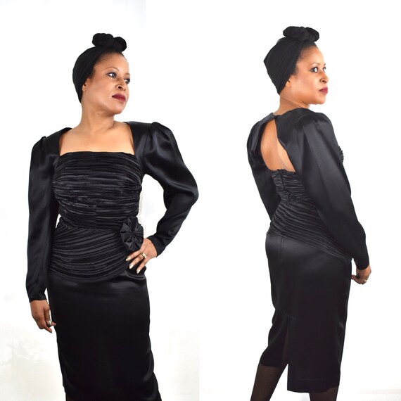Vintage 80s Does 40s Black Peplum Dress with Peplu