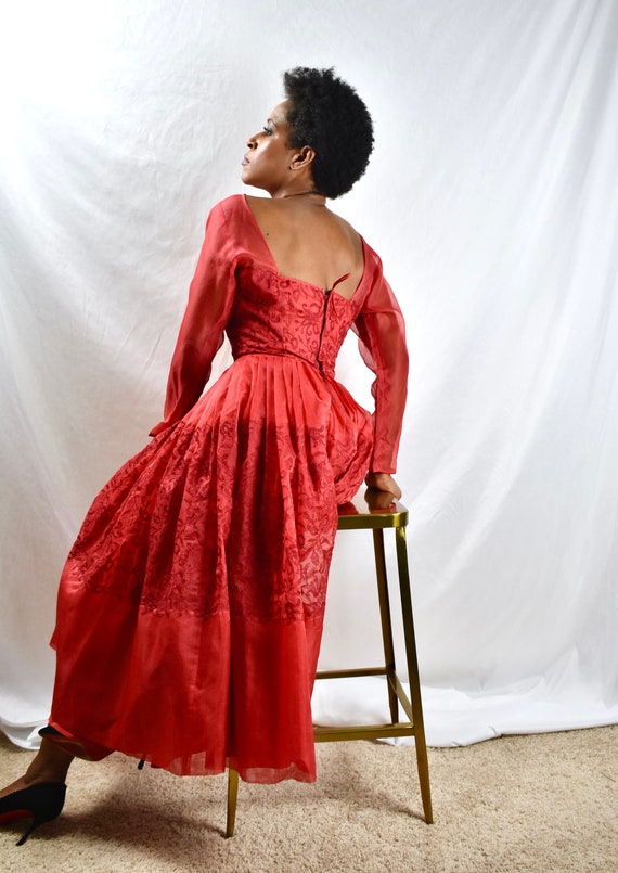 STUNNING - Vintage 1950s Red Chiffon Dress with Sh