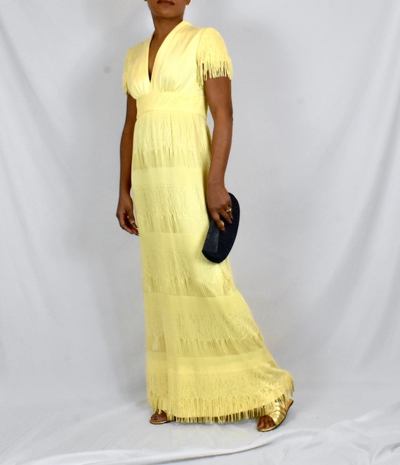 Vintage 1970s Yellow Lace Maxi Dress with Fringe