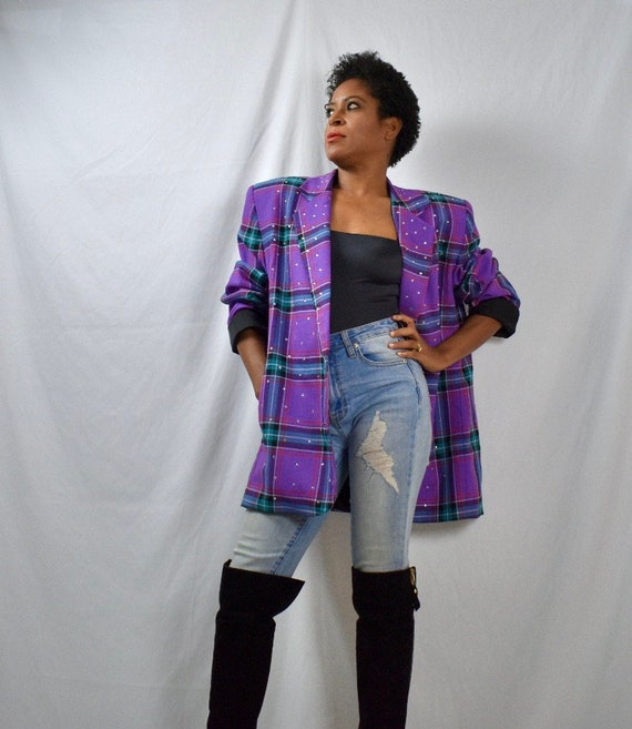 Boxy Strong Shoulder Vintage 80s Purple Windowpane