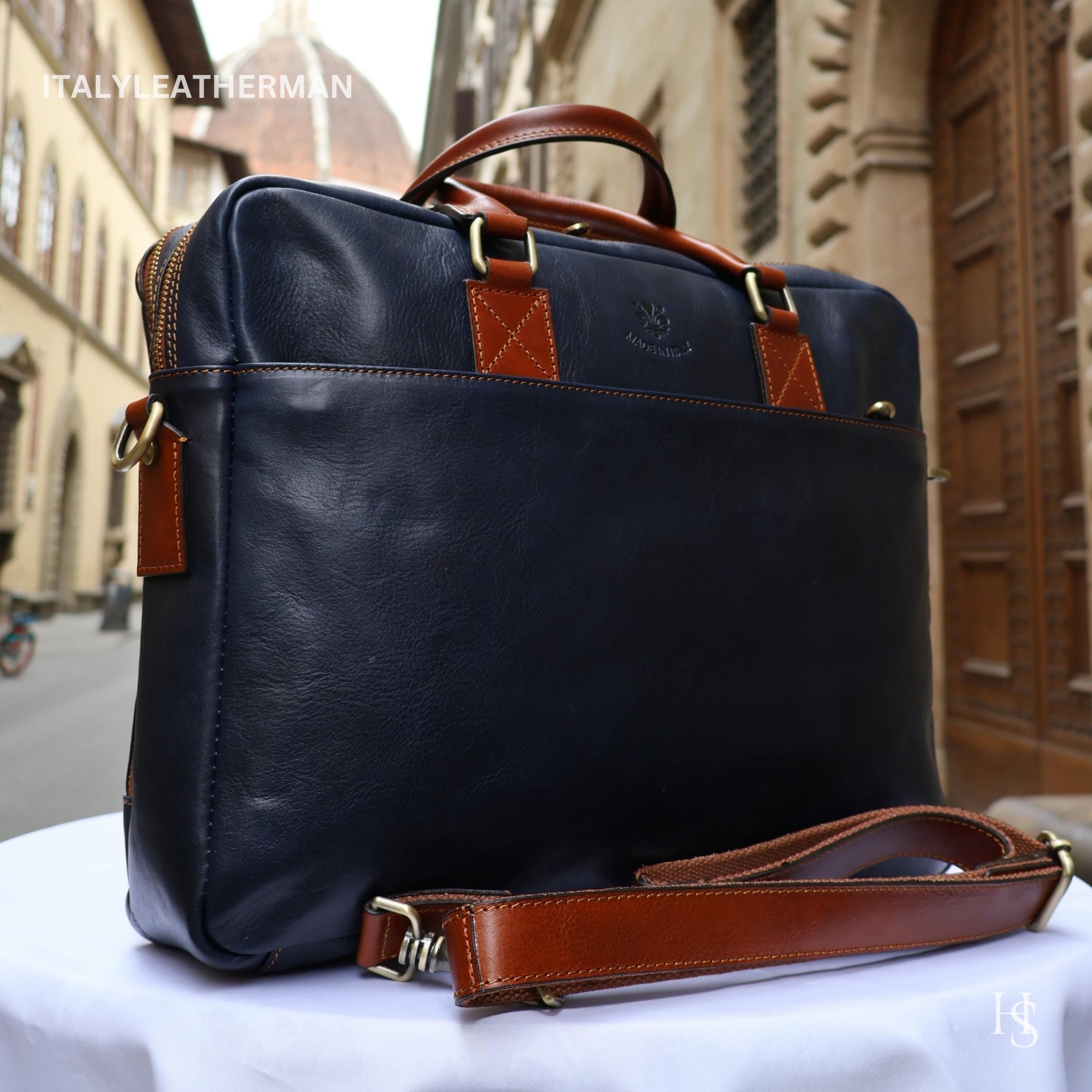Italian Leather Briefcase for Men, Handmade in Florence, Made in Italy, Laptop Work Navy Bag