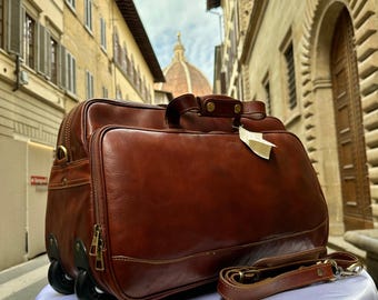 Bolso de viaje de cuero italiano hecho a mano, con ruedas, de Florencia