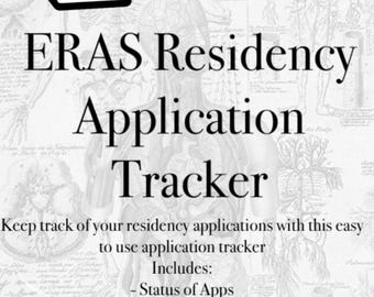 May include: A black and white graphic promoting a Notion ERAS Residency Application Tracker. The text includes "Status of Apps," "Contact information," and "Interview Dates." The background features anatomical illustrations.