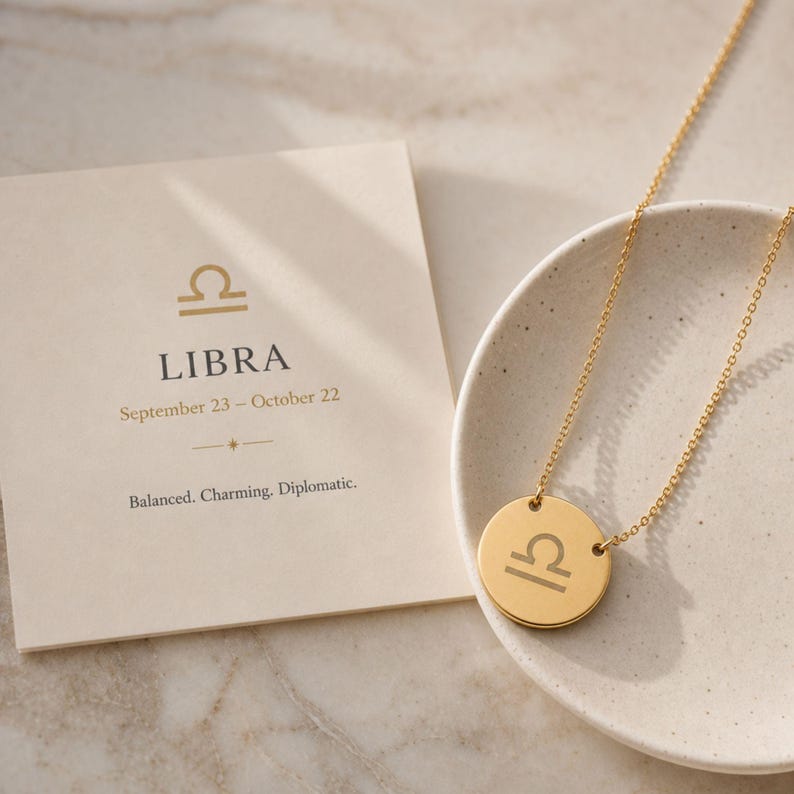 Libra Coin Necklace, Libra Scale Necklace, Zodiac Coin Necklace 18K Gold PVD coating