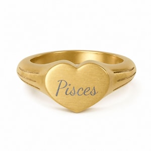Pisces Ring, Heart Zodiac Signet Ring Pre-Engraved Constellation, Birthday Gift for Her, Gold Ring, Engraved in USA