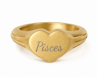 Pisces Ring, Heart Zodiac Signet Ring Pre-Engraved Constellation, Birthday Gift for Her, Gold Ring, Engraved in USA