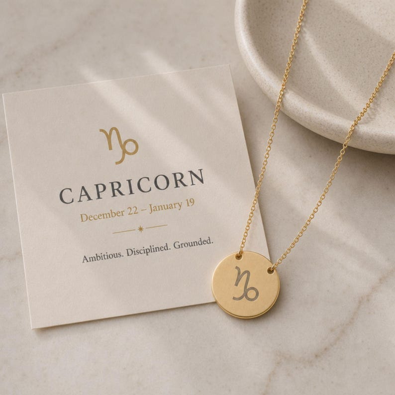 Pu&ograve; includere: Una collana color oro con un ciondolo circolare inciso con il simbolo zodiacale del Capricorno. Accanto, un cartoncino quadrato mostra il simbolo del Capricorno, il testo "CAPRICORN", le date "December 22 &ndash; January 19" e "Ambitious. Disciplined. Grounded."