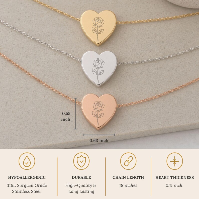 May include: Three heart-shaped pendant necklaces in gold, silver, and rose gold tones, each featuring a delicate rose engraving. The pendants measure 0.55 inches by 0.63 inches. The necklaces are made of 316L surgical grade stainless steel, 18 inches long.