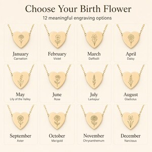 May include: A grid of twelve gold heart-shaped pendants on chains, each engraved with a different birth flower. The text reads: Choose Your Birth Flower, 12 meaningful engraving options, and lists months from January to December with flower names.