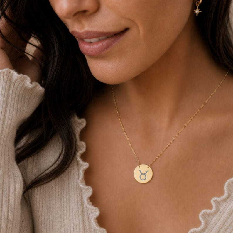 Taurus Coin Necklace, Taurus Bull Necklace, Zodiac Coin Necklace, Birth Sign Necklace image 1
