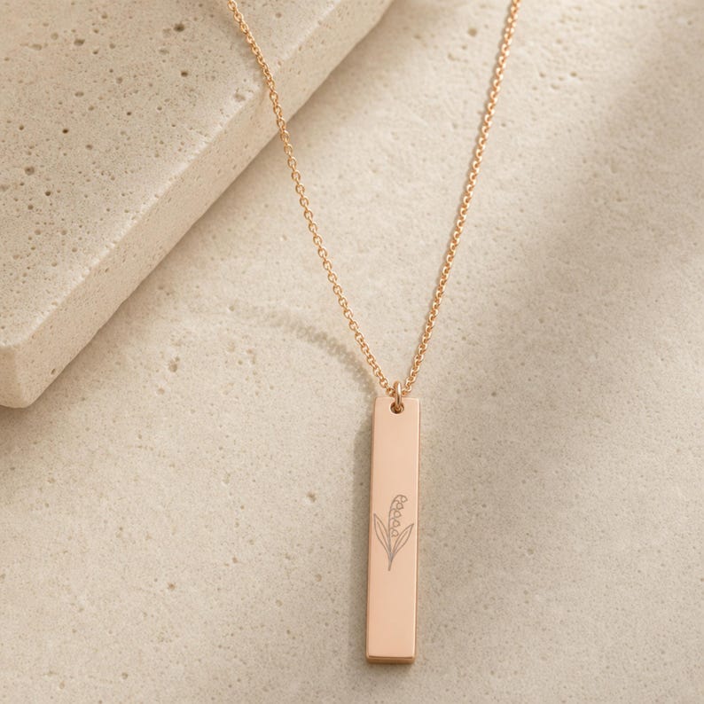 Lily of the Valley Necklace, May Flower Necklace, Dainty Lily Necklace, Thin Bar Necklace 18K Rose Gold PVD coating