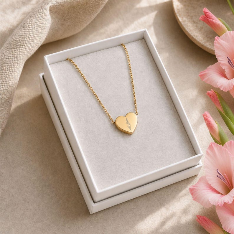 May include: A gold-toned heart-shaped pendant necklace featuring a delicate engraved floral design on the front. The necklace is presented inside a white rectangular jewelry box with a light gray velvet insert, showcasing the metal chain.