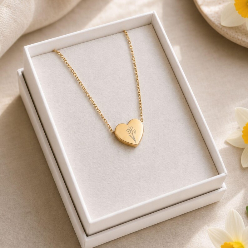 May include: A gold-toned necklace featuring a heart-shaped pendant with a delicate, engraved line drawing of a single flower. The necklace is presented inside a white rectangular gift box with a soft, light-colored interior lining.