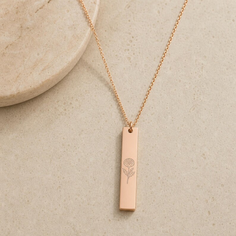 Marigold Necklace, Marigold Pendant, October Birth Flower 18K Rose Gold PVD coating