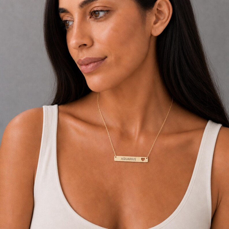 Pingente de Aquário, Colar de Aquário, Colar com Barra do Zodíaco, Colar com Signo do Zodíaco 18K Gold PVD coating