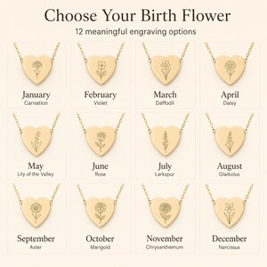 Puede incluir: Una colecci&oacute;n de doce colgantes dorados en forma de coraz&oacute;n con cadenas, cada uno grabado con una flor de nacimiento &uacute;nica. El texto dice Choose Your Birth Flower, 12 meaningful engraving options, y enumera los meses de enero a diciembre.