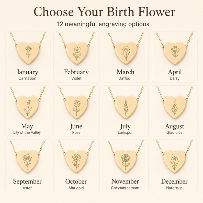 Puede incluir: Una colecci&oacute;n de doce colgantes dorados en forma de coraz&oacute;n con cadenas, cada uno grabado con una flor de nacimiento &uacute;nica. El texto dice Choose Your Birth Flower, 12 meaningful engraving options, y enumera los meses de enero a diciembre.