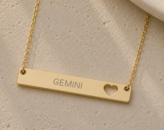 Gemini Pendant, Zodiac Bar Necklace, Birth Sign Necklace, Nontarnish Necklace
