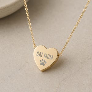 Cat Mom Necklace, Engraved Paw Print Heart Pendant, Personalized Cat Lover Gift - Gold, Rose Gold or Stainless Steel