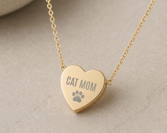 Cat Mom Heart Pendant Necklace, Engraved Paw Print, Stainless Steel, Gold, Rose Gold