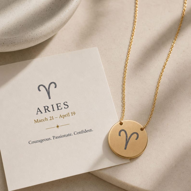Aries Ram Necklace, Aries Sign Necklace, Aries Charm Necklace, Zodiac Coin Necklace 18K Gold PVD coating