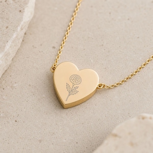 Marigold Necklace, Marigold Pendant, October Birth Flower, Birth Flower Heart