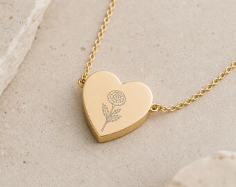 Marigold Necklace, Marigold Pendant, October Birth Flower, Birth Flower Heart