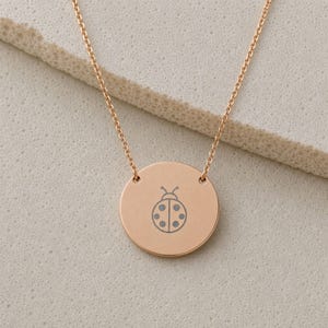 Ladybug Necklace, Dainty Engraved Ladybug Coin Pendant, Good Luck Charm, Minimalist Nature Gift for Her 18K Rose Gold PVD coating