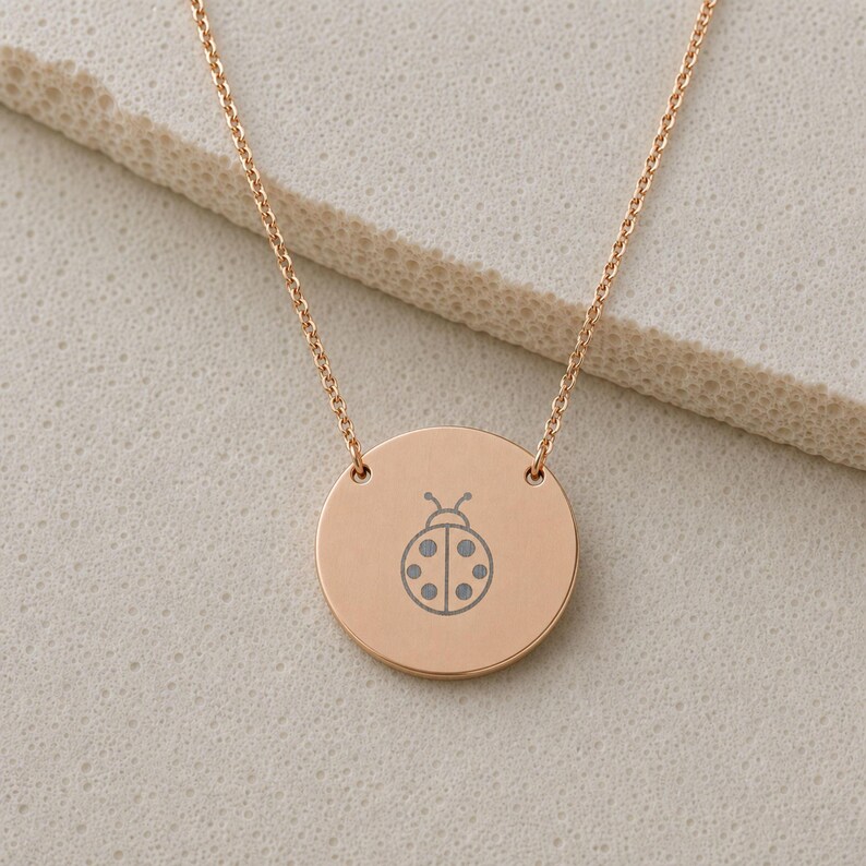 Ladybug Necklace, Dainty Engraved Ladybug Coin Pendant, Good Luck Charm, Minimalist Nature Gift for Her 18K Rose Gold PVD coating