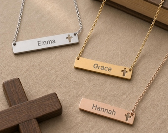 Personalized Faith Name Necklace, Name Cross Pendant, Cross Bar Necklace