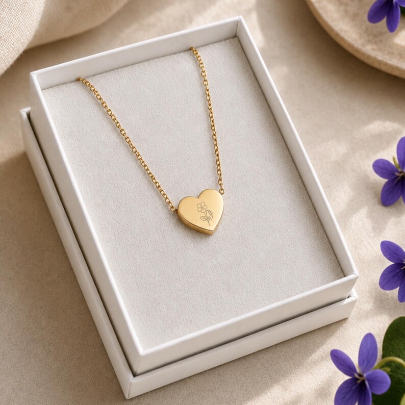 Puede incluir: Un collar de tono dorado que presenta un colgante en forma de coraz&oacute;n con un delicado dise&ntilde;o de flor grabado. El colgante cuelga de una cadena fina a juego del mismo tono dorado, y la pieza se presenta dentro de una caja de regalo blanca.