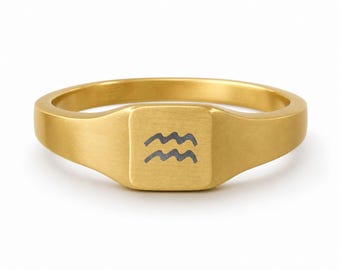 Aquarius Signet Ring, Aquarius Ring, Zodiac Signet Ring, Square Signet Ring