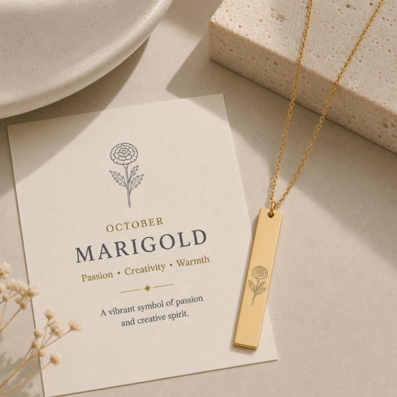 Marigold Necklace, Marigold Pendant, October Birth Flower image 3