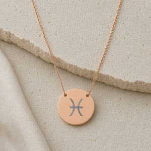 Pisces Zodiac Jewelry, Pisces Symbol Necklace, Pisces Coin Pendant, Pisces Coin Necklace 18K Rose Gold PVD coating