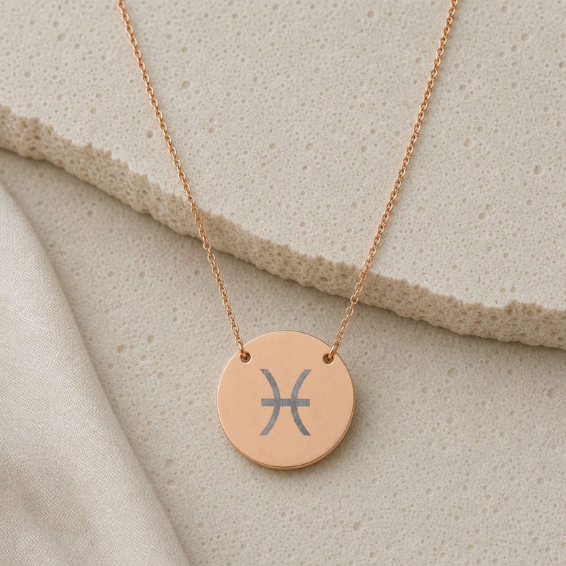 Pisces Zodiac Jewelry, Pisces Symbol Necklace, Pisces Coin Pendant, Pisces Coin Necklace 18K Rose Gold PVD coating