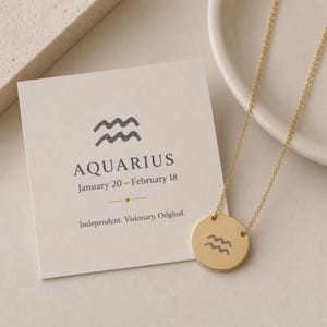 Aquarius Necklace, Zodiac Coin Necklace, Aquarius Coin 18K Gold PVD coating