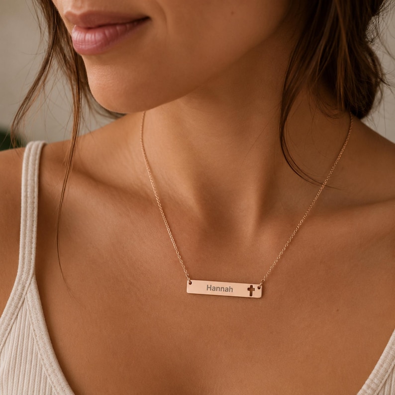 Personalisierte Namenskette mit Glaubensbezug, Namenskreuzanhänger, Kreuzkette 18K Rose Gold PVD coating