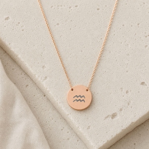 Aquarius Necklace, Zodiac Coin Necklace, Aquarius Coin 18K Rose Gold PVD coating