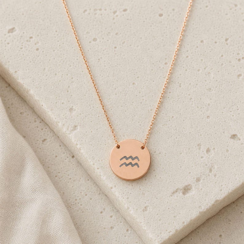 Aquarius Necklace, Zodiac Coin Necklace, Aquarius Coin 18K Rose Gold PVD coating